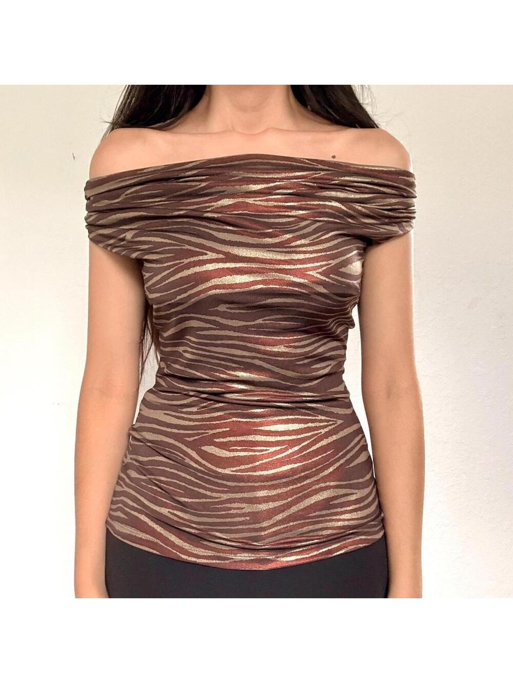 Y2K Karen Kane Brown Zebra Print Cowl Neck Top